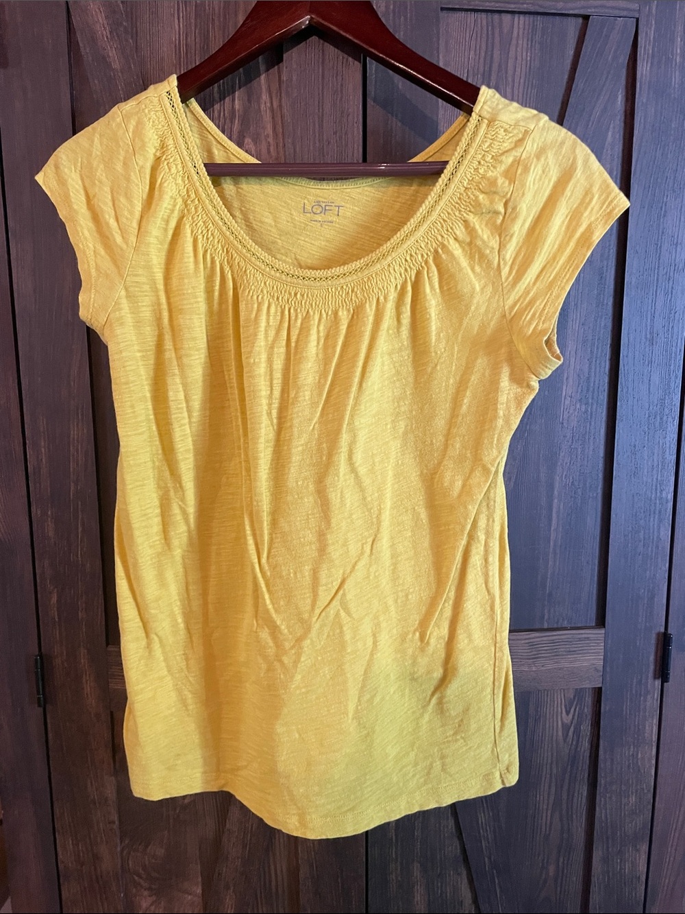 LOFT Yellow Smocked Scoop Neck Short Sleeve Tee